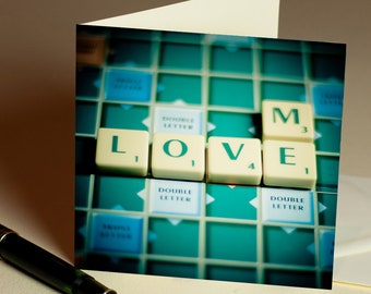 Valentines card Scrabble tiles notecard love me, Valentines day engagement stationery, note card blank inside, boardgames geeky