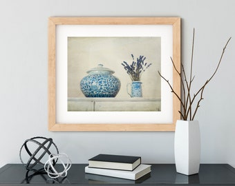 Shabbychic floral photography lavender flowers blue and white pot china ginger jar flower wall art French style romantic print still life