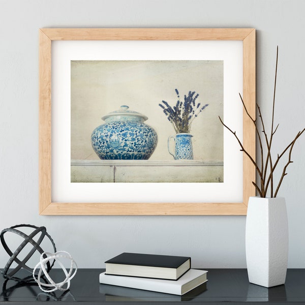 Shabbychic floral photography lavender flowers blue and white pot china ginger jar flower wall art French style romantic print still life