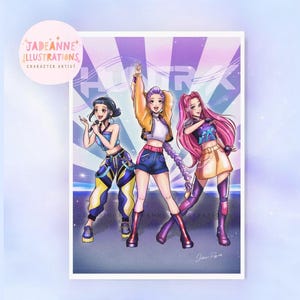 Impressão artística de grupo feminino de K-pop | Decoração de parede de fantasia de K-pop | Ilustração desenhada à mão de K-pop | Presente de K-pop | Decoração de ilustração de K-pop