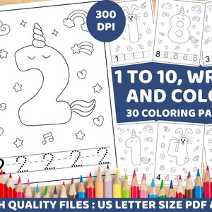 1 to 10 Write and Color 30 Worksheeets Counting Writing Maths Coloring