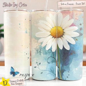 Respire, Bien-être et Fleurs, Emballage pour Tasse Gobelet 561 ml 20 oz , Aquarelle Pour Projet Créatif, Fichier Numérique, Texte Français