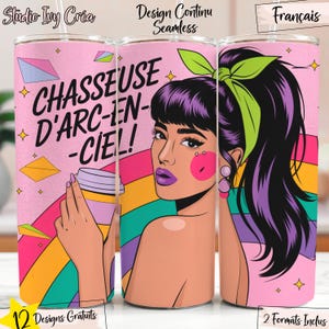 Chasseuse d'arc-en-ciel, Emballage Seamless Aquarelle pour Tasse Gobelet 561 ml 20 oz , Projet Créatif, Fichier Numérique, Texte Français