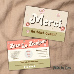 Carte de remerciement entreprise rétro modifiable sur Canva, design floral groovy, insertion personnalisable à imprimer, style années 70