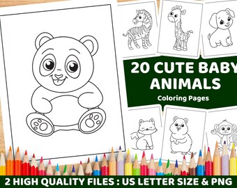 20 adorables bébés animaux à colorier - Faciles pour les enfants - Feuilles à imprimer - Enfants - Dessins simples et minimalistes - PDF - PNG - Téléchargeable