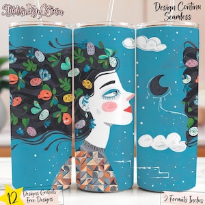 Femme libre, Ciel bleue étoilée et lune, Emballage pour Tasse Gobelet 561 ml 20 oz , Aquarelle Pour DIY, Fichier Numérique, Texte Français