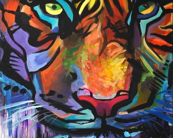Tiger Jungle Bunt Acryl Acrylfarbe Augen Eyes of Tiger Regenboden Wild Luxus Großes Gemälde Buntes Gemälde Atemberaubend Passion Feuer