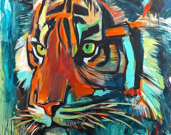 Tiger Acryl Acrylgemälde Jungel Jungle Safari Tigerauge Löwe Raubkatzen Cat Afrika Africa Grün Orange Wild Wildtier Wildanimal Tiere Savanne