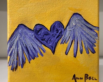 Original Art Love Aloft, 5 x 5 inch Winged Heart on Canvas, Acrylic Painting Valentine's Gift