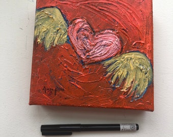 Gift, Original Art Hand Painted on 6" x 6" Small Square Canvas Orange Flying Heart Acrylic Painting