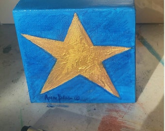 Original Art  Gift. Gold Star 4" x 4" Acrylic Painting wall decor