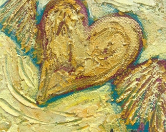 Gift Yellow Winged Heart Original acrylic painting on 5" x 5" stretched canvas