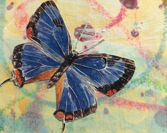 Hand Painted with Blue Butterfly Collage, Gift Small 8" x 10" Original Art