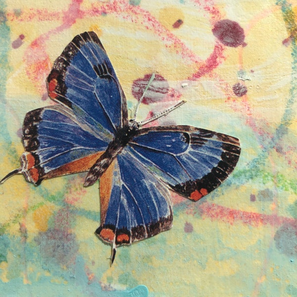 Hand Painted with Blue Butterfly Collage, Gift Small 8" x 10" Original Art