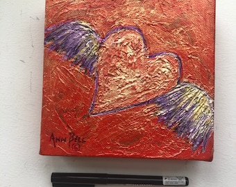 Gift, Winged Heart, 6 x 6 Original miniature acrylic painting with bright orange colors and texture