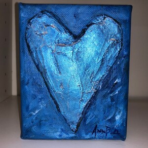 Gift True Blue Heart, 4 x 5 inch Original Art Acrylic Painting with Bright Colors and Texture
