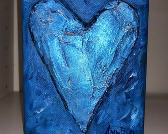 Gift True Blue Heart, 4 x 5 inch Original Art Acrylic Painting with Bright Colors and Texture