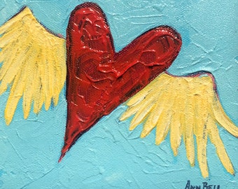 Bold Heart Flying High, 6 x 6 inch Original acrylic painting with bright colors and texture