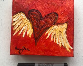 Gift, Red Winged Heart, Flirty Heart, 6 x 6 inch Original acrylic painting with bright colors and texture, Hand Painted