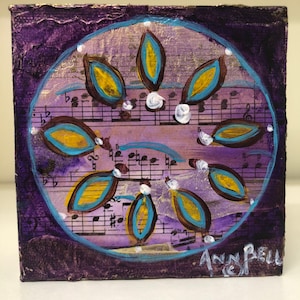 Hand Painted Gift Mandala 4&quot; x 4&quot; Original Art Acrylic Painting, Purple Song, one of a kind, wall art