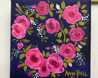 Handmade Gift Original Art Pink Roses on Dark Blue Background Acrylic Painting on 4" x 4" Canvas Gift