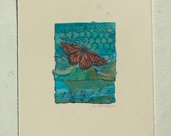 Small Collage, Monarch on Turquoise, 8 x 10
