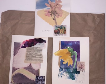 Gift Original Art Mixed Media Collage cards each one of a kind, box of 3, 5 x 7 inch cards, blank inside