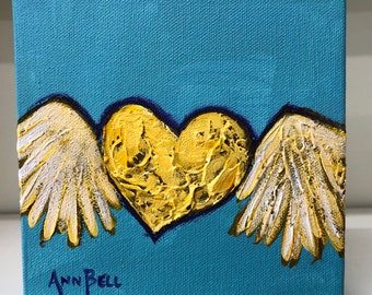 Handmade Gift Original Art Acrylic Painting, 6" x 6" Canvas Sunny Love, boho indie decor, Winged Heart