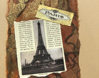 Original Art Eiffel Tower in Paris, Small 8 x 10 Collage Mixed Media Painting