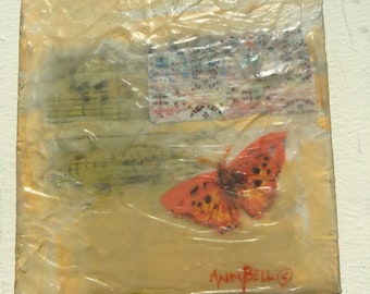 Original Art Handmade Gift, 4 x 4 inch Butterfly Painting with music in Summer Sunshine, Faux Encaustic