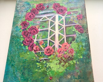 Original art. Gift. Roses Around a Window Painted with Acrylic Paint on 16 x12 Stretched Canvas, Wall Art