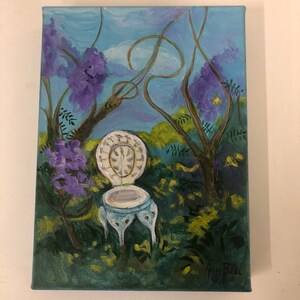Garden Fantasy. 9 x 12 inch Original Art Acrylic Painting on Stretched Canvas Wisteria and White Wrought Iron Chair
