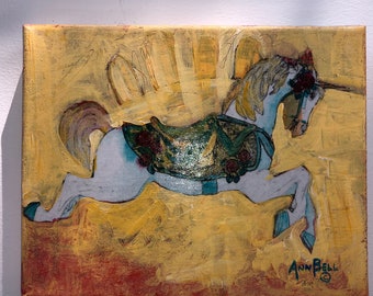 Original Art, Handmade Gift, Carousel Unicorn, boho indie decor, 8 x 10 Acrylic Painting, Wall Decor