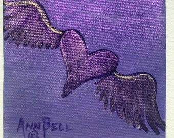 Gift Tender Touch, Winged Heart Original Art. Acrylic Painting on 4" x 4" Stretched Canvas, .