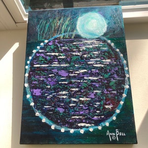 Gift. Original Art Acrylic Painting, Mandala Secrets of the Moon, 12 x 16 inch Stretched Canvas, Wall decor