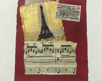 Handmade Gift Eiffel Tower. Paris, Small 8 x 10 Collage, Original art, Mixed Media Painting