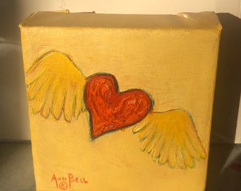 Handmade Gift, Original Art, Red Heart with Yellow Wings on Yellow Background, 4" x 4" Acrylic Painting, wall decor