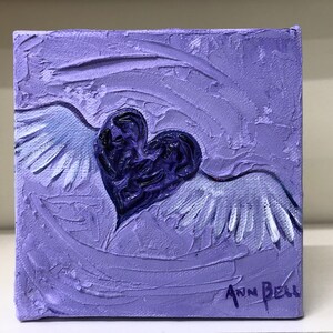 Original Art Gift Purple Winged Heart 5&quot; x 5&quot; Acrylic Painting with Bright Colors and Texture