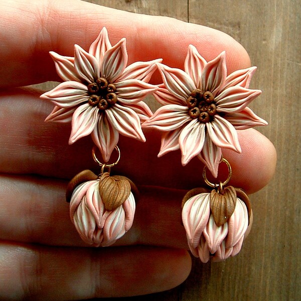 Flower Earrings, Pink and Brown, Hand Sculpted Polymer Clay