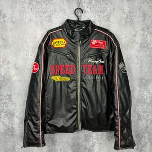 Identic Men&#39;s Racing Faux Leather Jacket XL (56/58) Speed Team Patches Black Moto Style