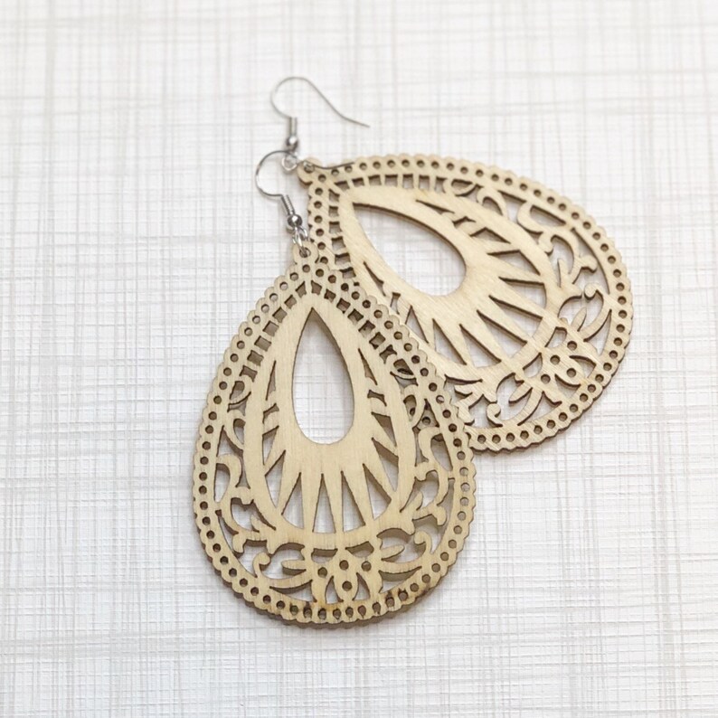 Balsa wood drop earrings intricate boho Etsy