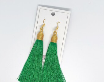 Green and Gold Tassel Earrings