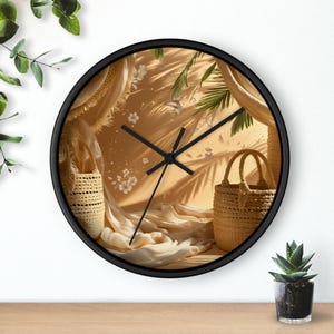 May include: A round wall clock with a black frame. The clock face features a warm, beige-toned scene with woven baskets, draped fabric, and palm frond shadows. Black clock hands indicate the time.