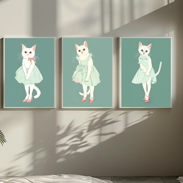 Printable art, digital download, home decoration beautiful illustration Tender kittens, animals, pets with clothes, beautiful with dress