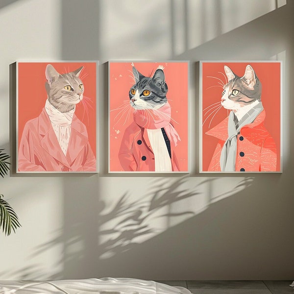 3 cats printable art fashionable beautiful illustrationsweet kittens, animals, pets with clothes, cute kittens in suits orange color elegant