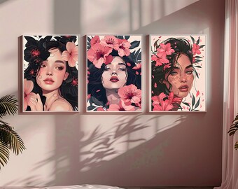 Set of 3 women, art, digital download, decorative, high quality and many sizes. fashion and aesthetic