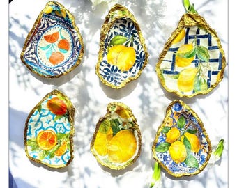 Italian Amalfi Coast Shell Trinket Dish, Italy Capri Ring Dish, Chinoiserie Blue Tiles and Lemons, Gift for Engagement, Bride, Bridesmaid