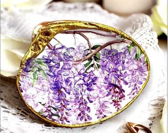 Decoupage Clam Shell Ring Dish, Purple Wisteria Coastal Jewelry Holder