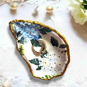 NANTUCKET SUMMER- Blue Hydrangea Oyster Shell Ring Dish, Engagement Gift, Bridesmaid favors, Proposal gifts, Personalized Option