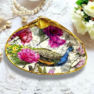 Peacock Bird Ring Dish Shell ,Purple Peonies Flowers Ring Holder,Coastal Jewelry Holder